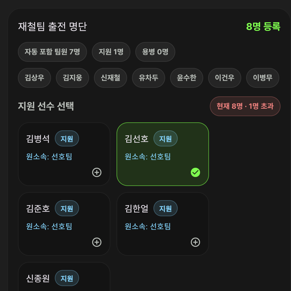 라인업 8명 초과 경고